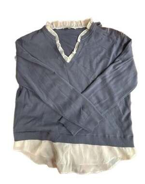 Siani Milano Light Blue V-Neck Long Sleeve Sweater with White Ruffle Trim